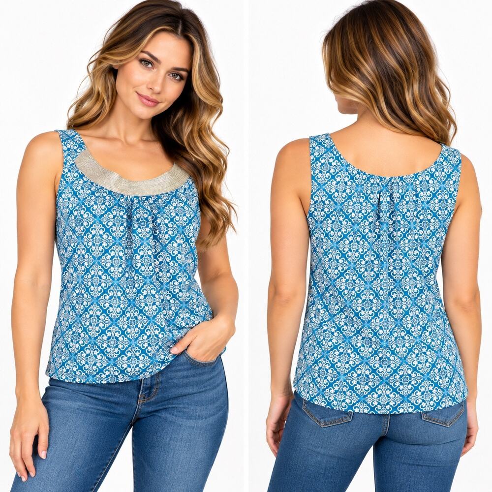 Gap Womens Blue White Floral Paisley Print Sleeveless Bkiyse Top Silver Trim Med